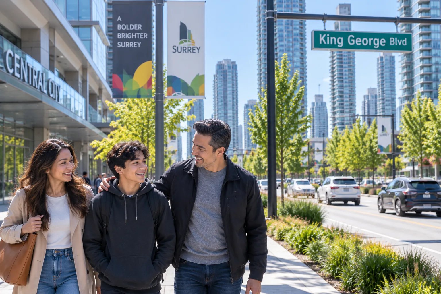 Family walking along King George Boulevard in Surrey City Centre.