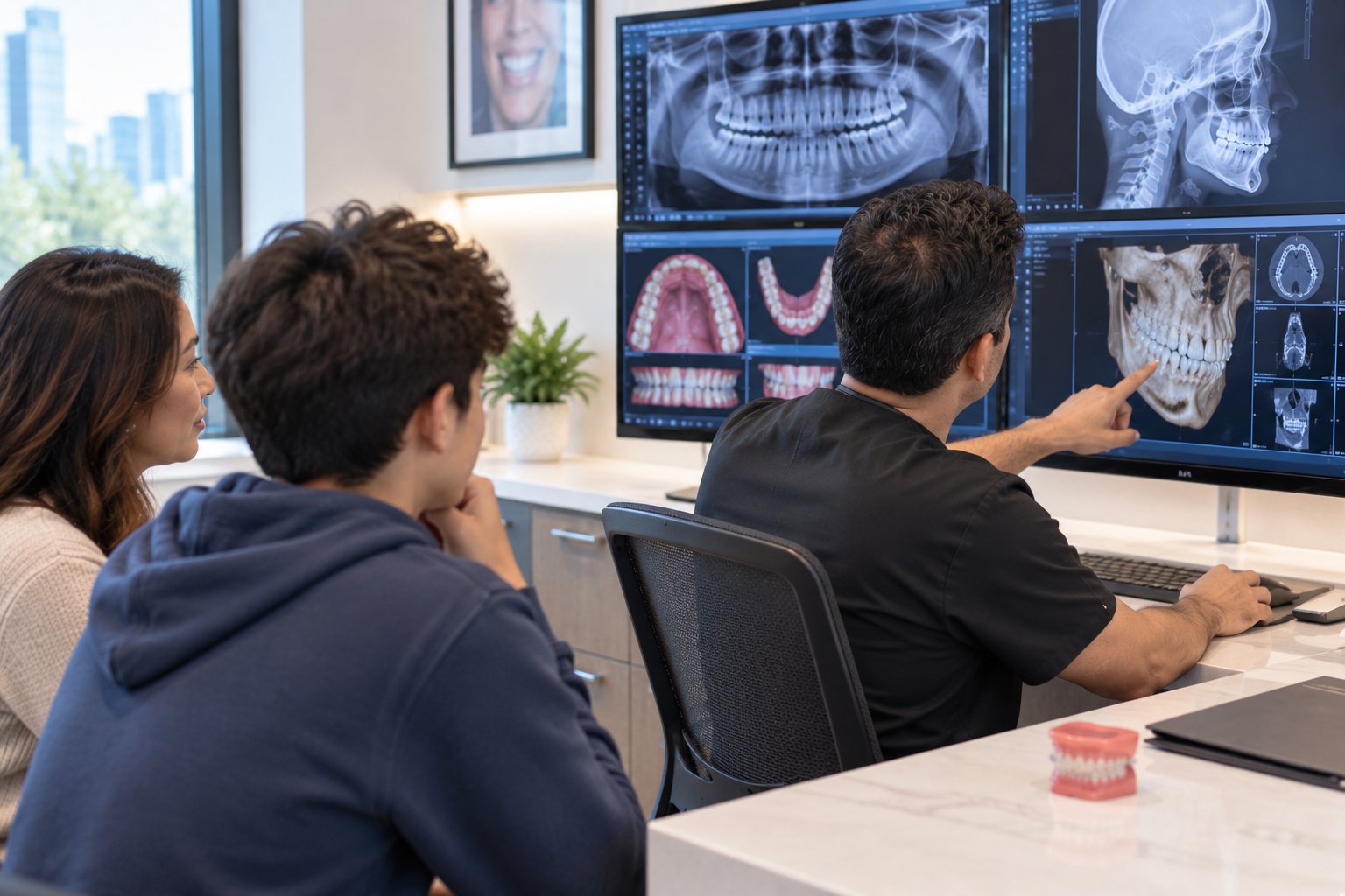 Orthodontist reviewing complex orthodontic treatment planning with panoramic and cephalometric X-rays, digital scans and 3D imaging.