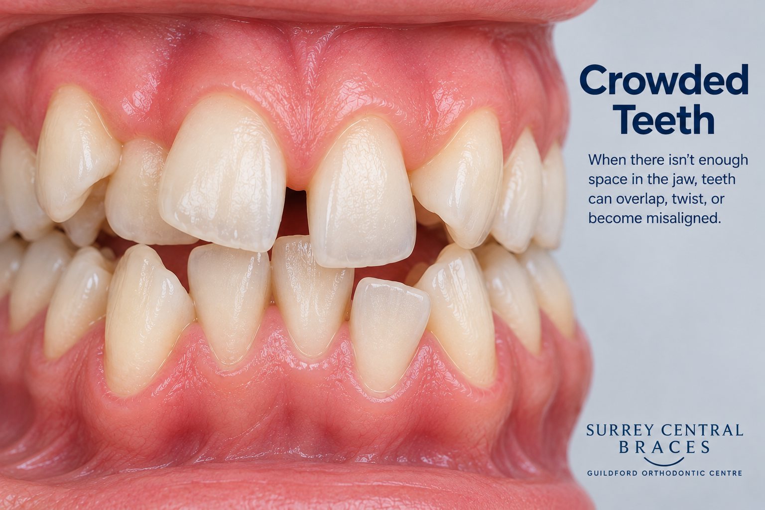Orthodontic infographic showing crowded teeth with overlapping and rotated upper and lower front teeth.
