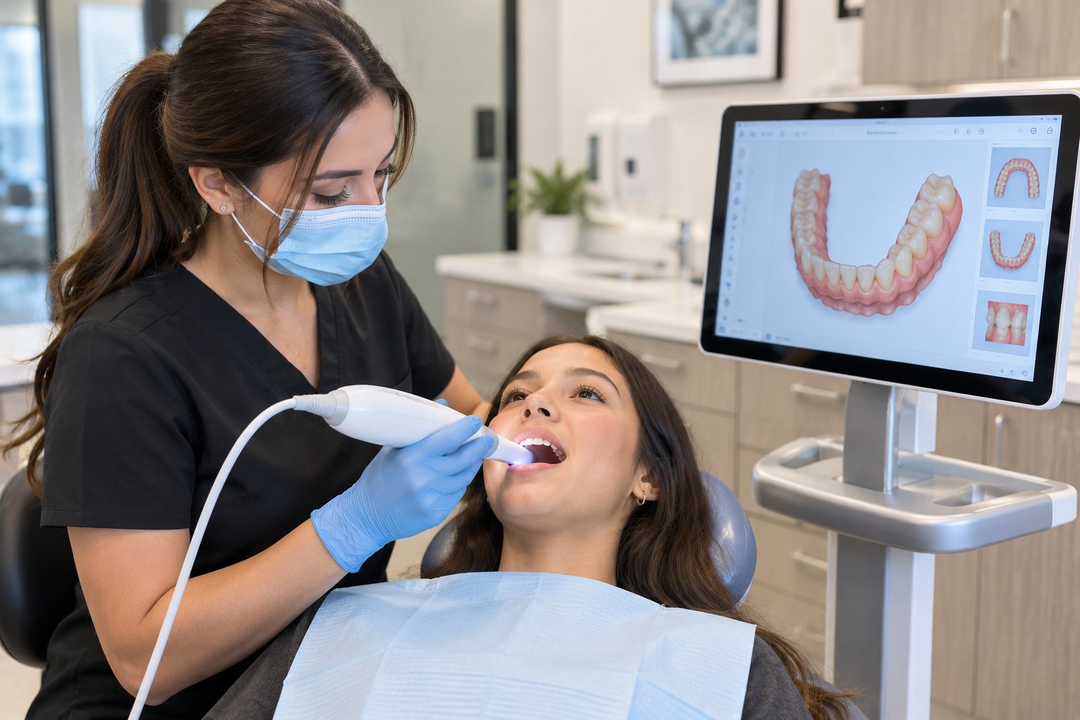 Patient receiving a digital intraoral scan while a 3D model of the teeth appears on the scanner monitor.