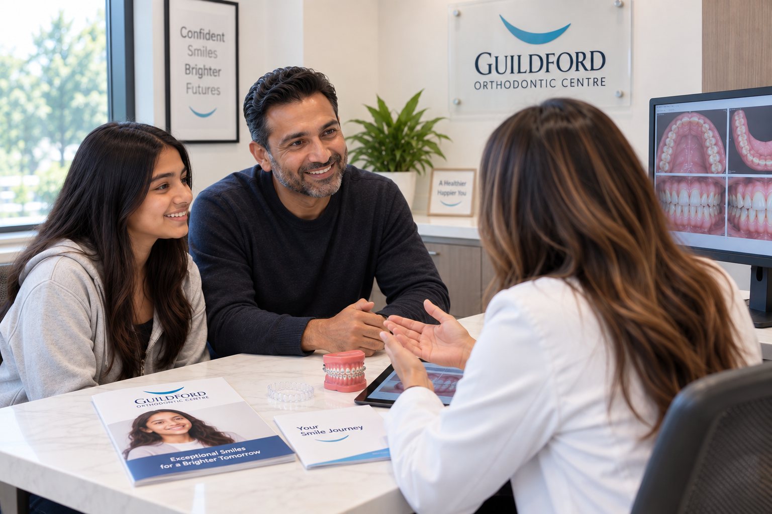 Orthodontist speaking with a father and teenage patient during a relaxed orthodontic questions and answers consultation.