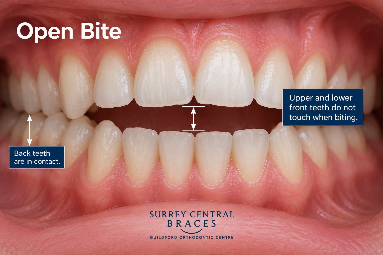 Front-view orthodontic diagram showing an anterior open bite with the front teeth not touching when the back teeth are together.