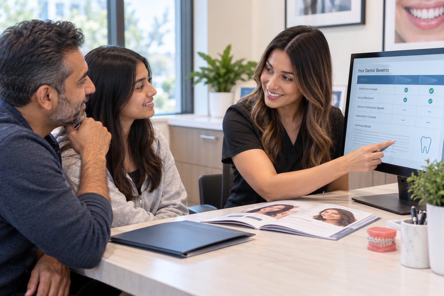 Female treatment coordinator reviewing orthodontic insurance and dental benefits with a father and teenage daughter.