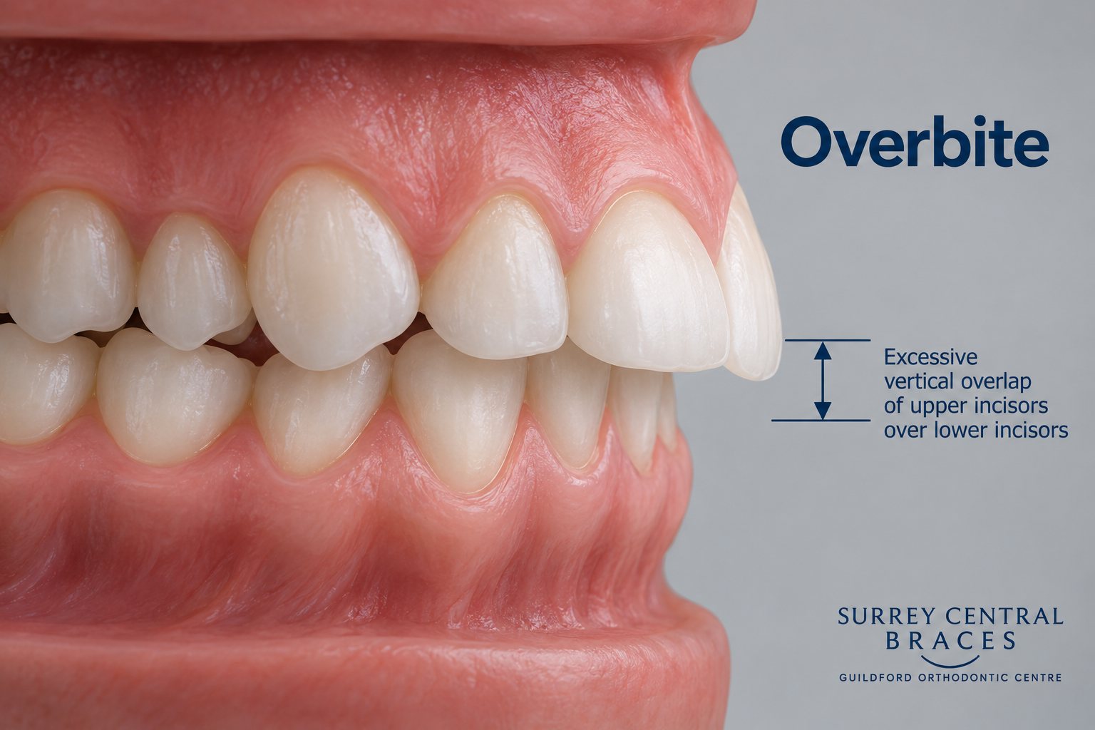 Side-view orthodontic diagram showing excessive vertical overlap of the upper front teeth over the lower front teeth.