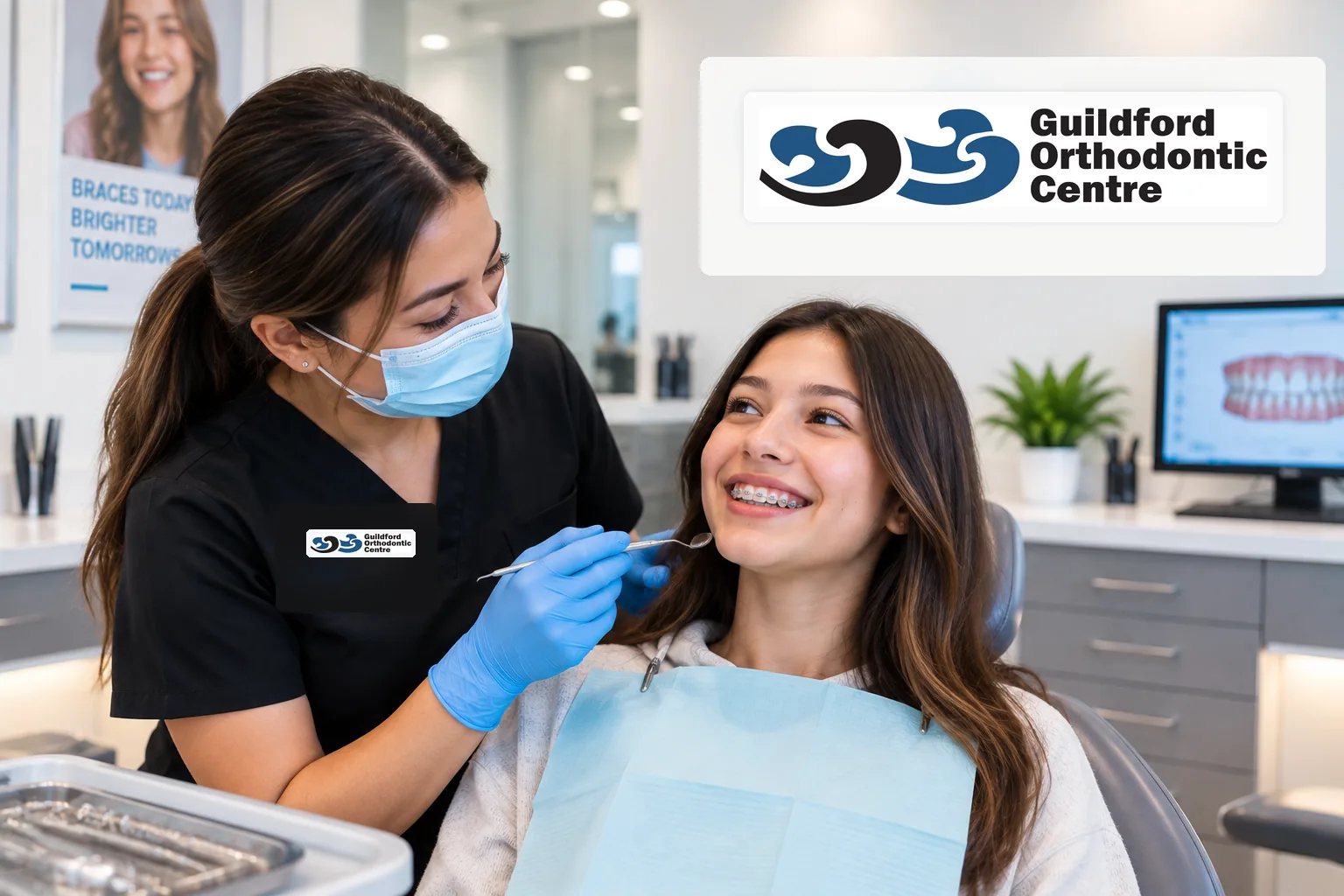 Teen patient with metal braces smiling during a comfortable orthodontic checkup.