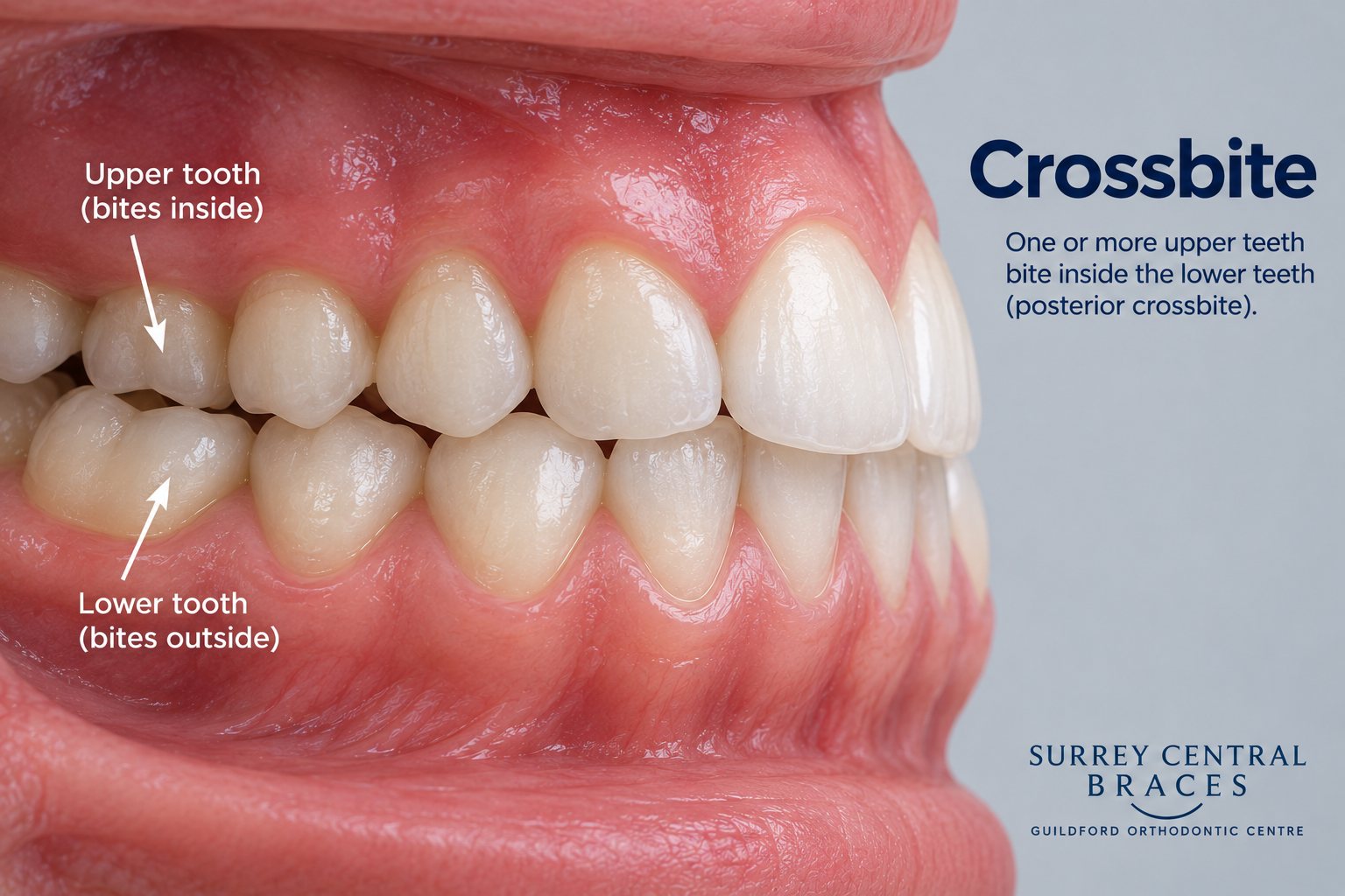 Orthodontic diagram showing a posterior crossbite where an upper back tooth bites inside the lower teeth.