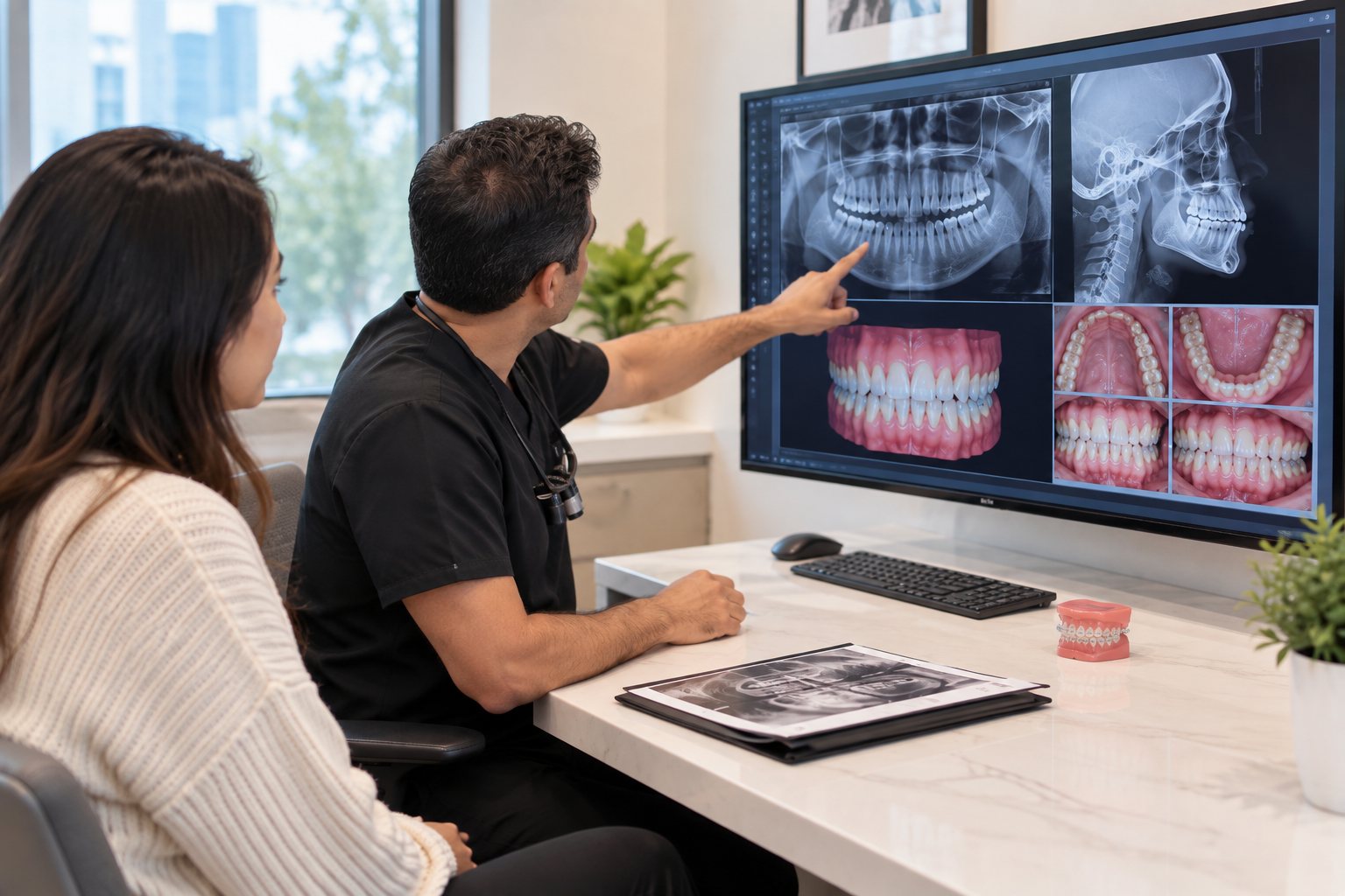 Orthodontist reviewing X-rays, digital scans and treatment records with a patient seeking an orthodontic second opinion.