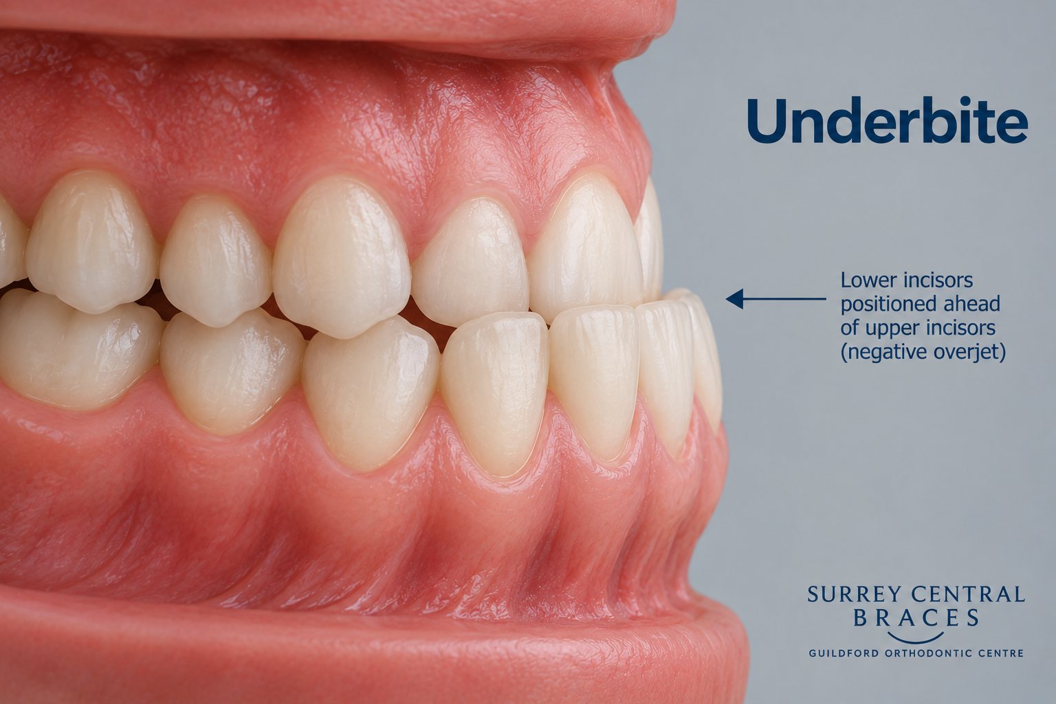 Side-view orthodontic diagram showing an underbite with the lower front teeth positioned ahead of the upper front teeth.