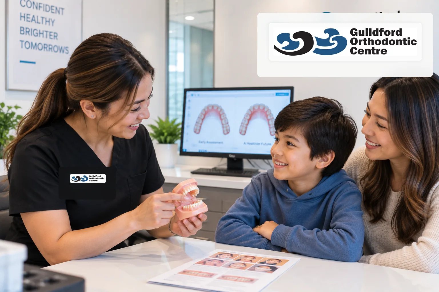Child and parent learning about an early orthodontic assessment with a female clinical team member.