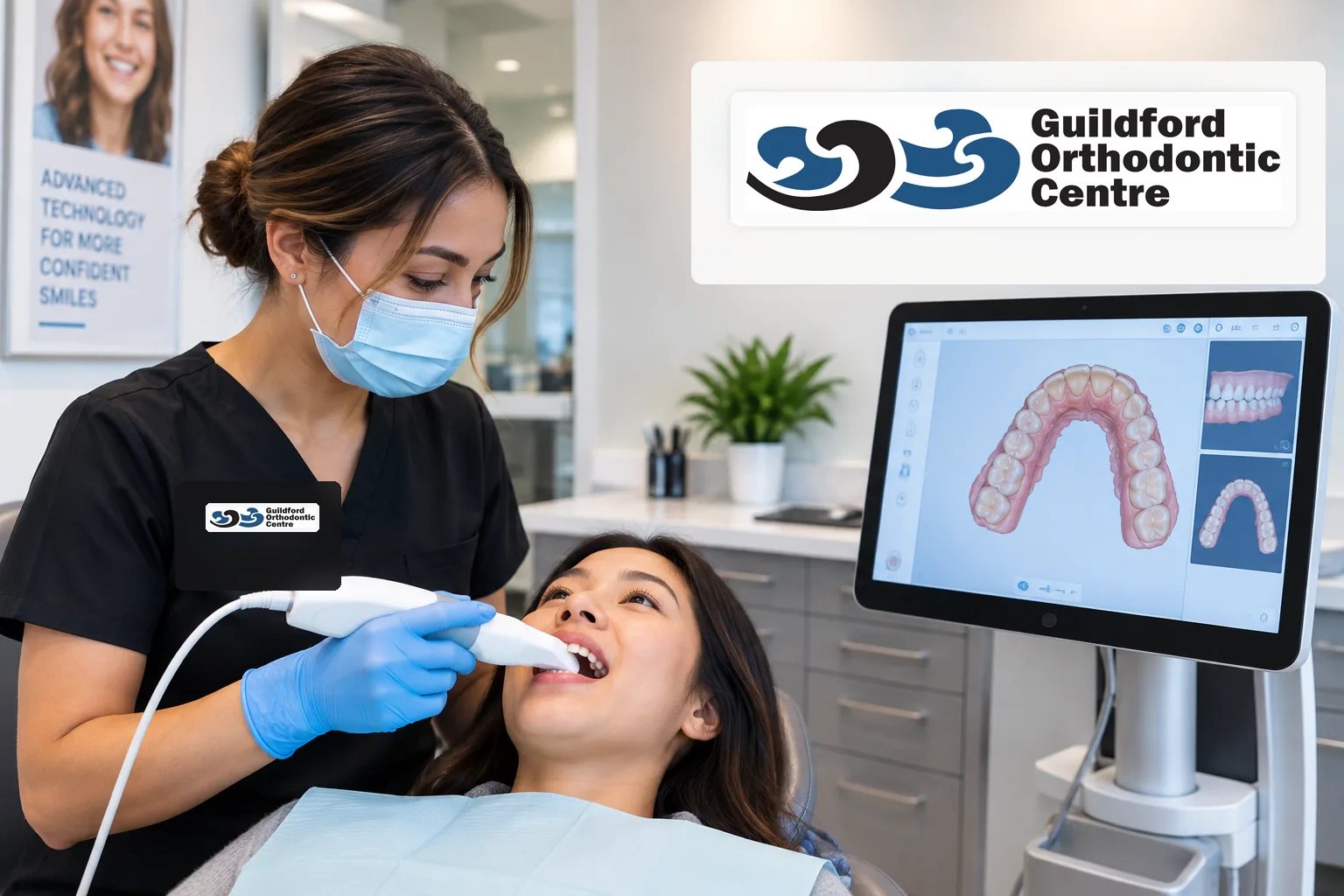 Clinical team member using an intraoral scanner while a 3D model of the patient's teeth appears on the monitor.