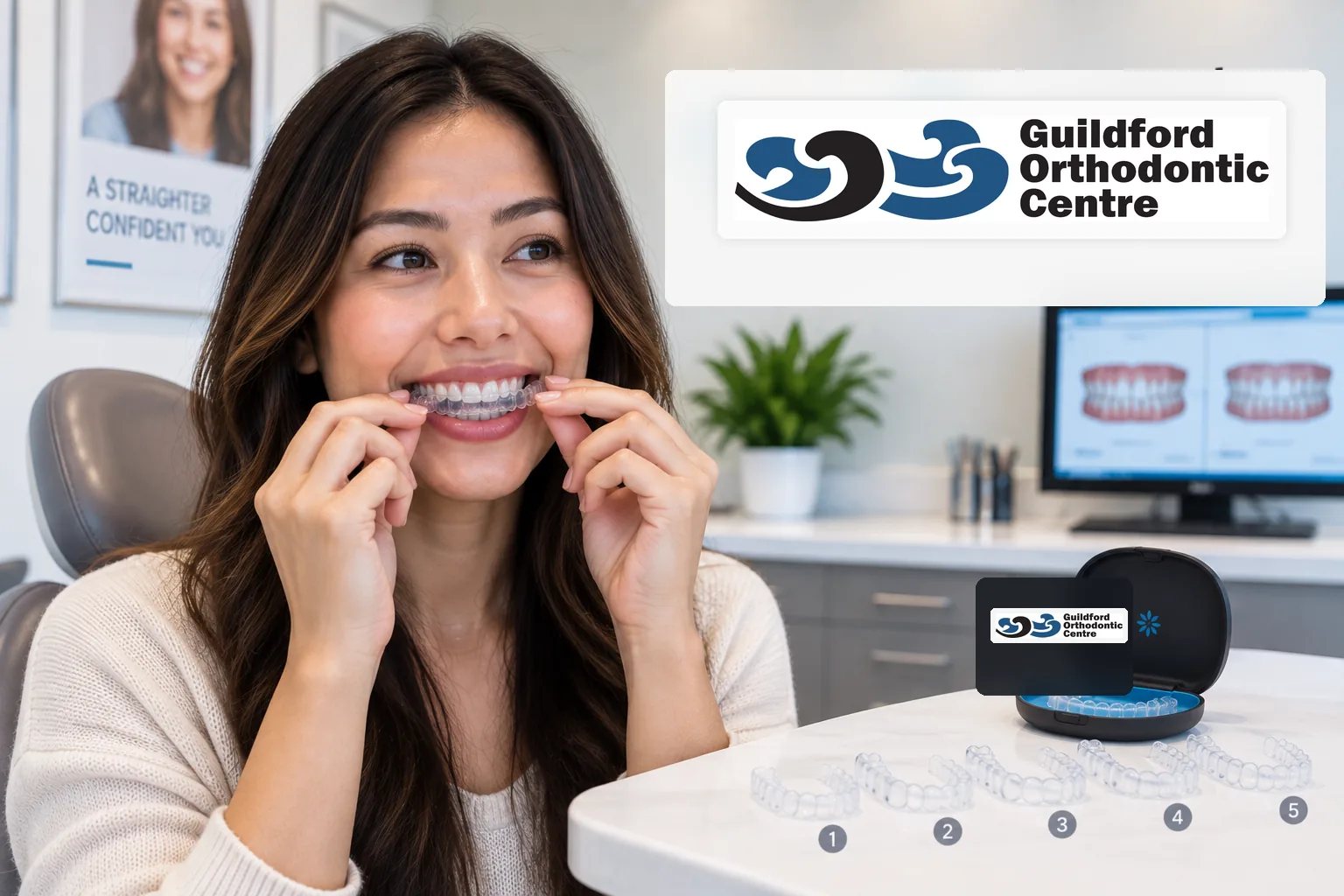 Patient demonstrating a clear aligner beside a sequence of trays used during orthodontic treatment.