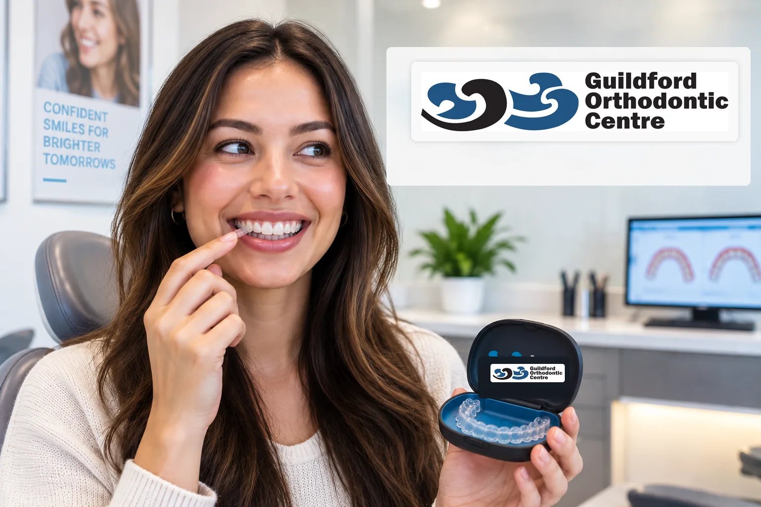 Young adult patient smiling while wearing a clear aligner at an orthodontic clinic.