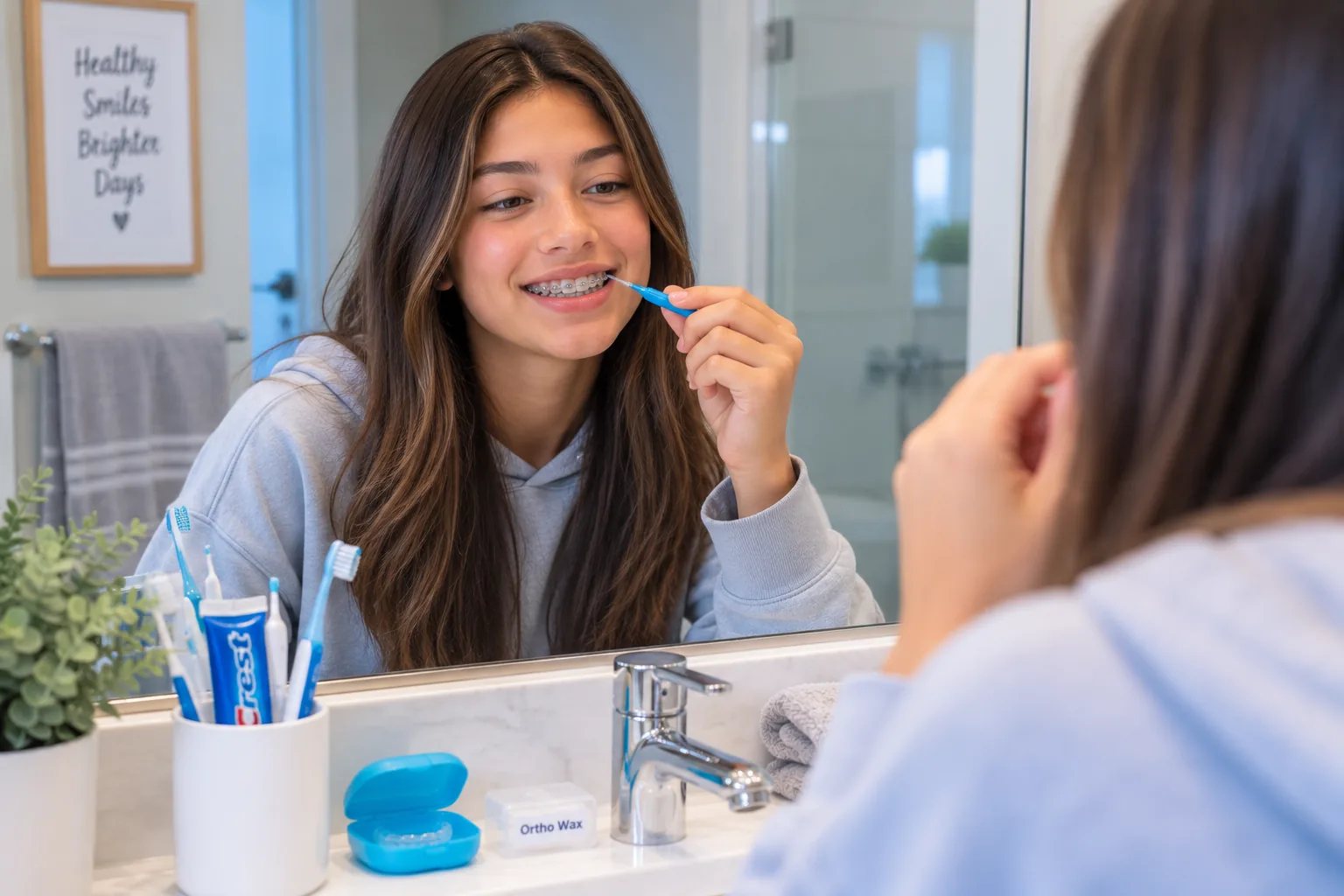 Teen cleaning around metal braces with an interdental brush at home.