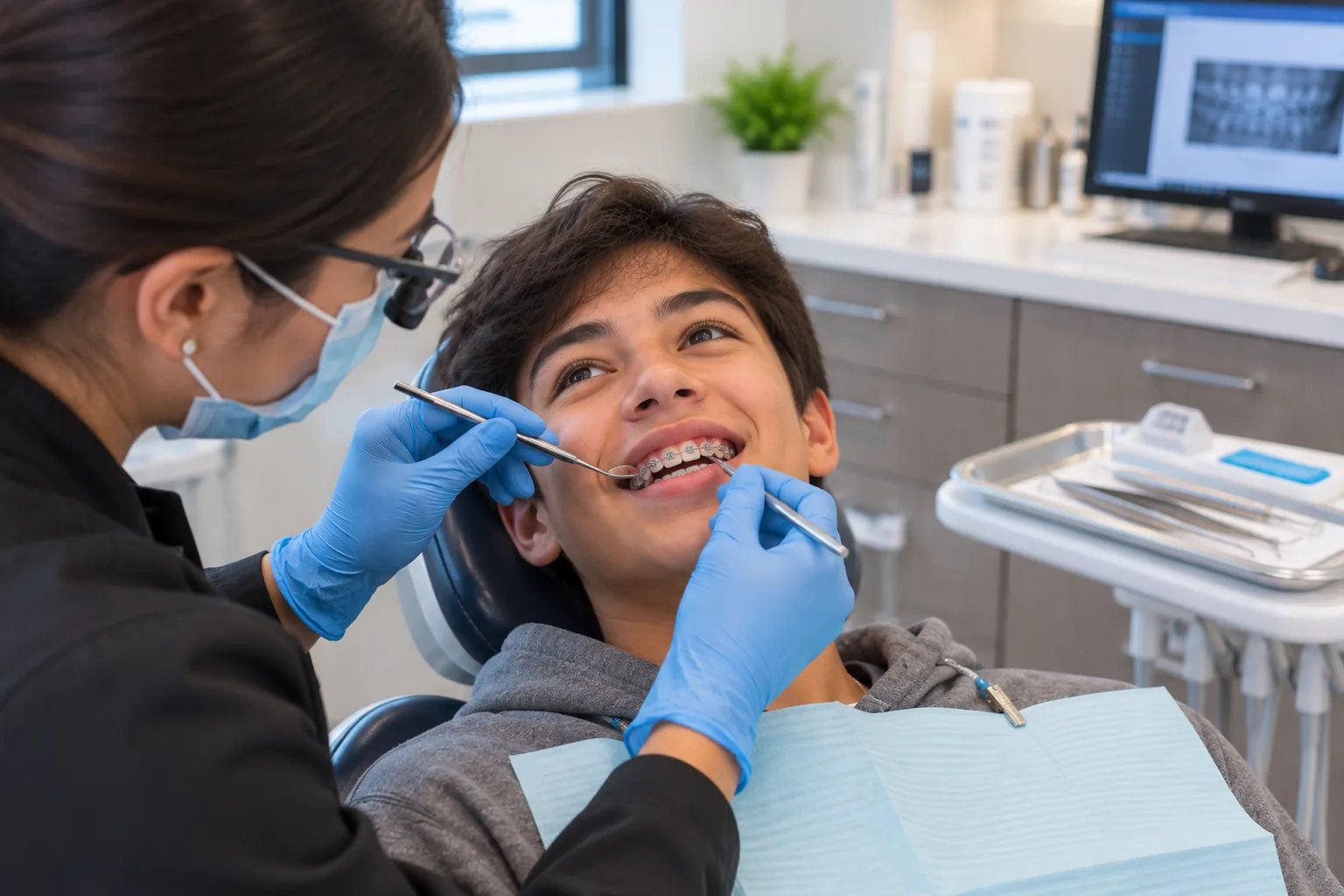 Clinical team member examining a teen patient's braces during a routine orthodontic appointment.