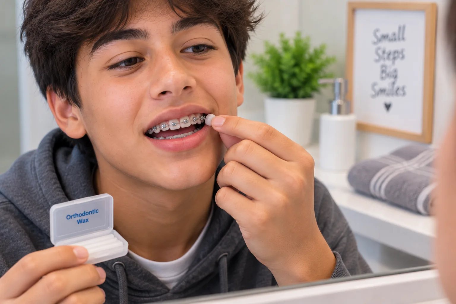 Teen applying orthodontic wax to a braces bracket for temporary relief from irritation.