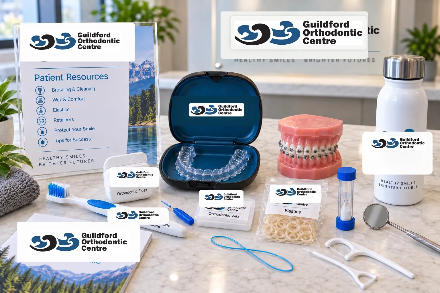 Orthodontic patient-care resources including a retainer, toothbrush, interdental brush, floss, wax and elastics.