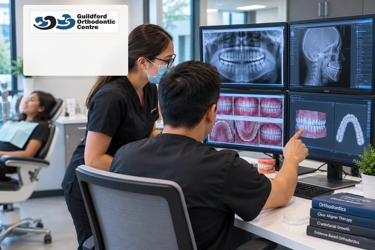 Orthodontist and clinical team member reviewing X-rays, photographs and digital scans for specialist treatment planning.