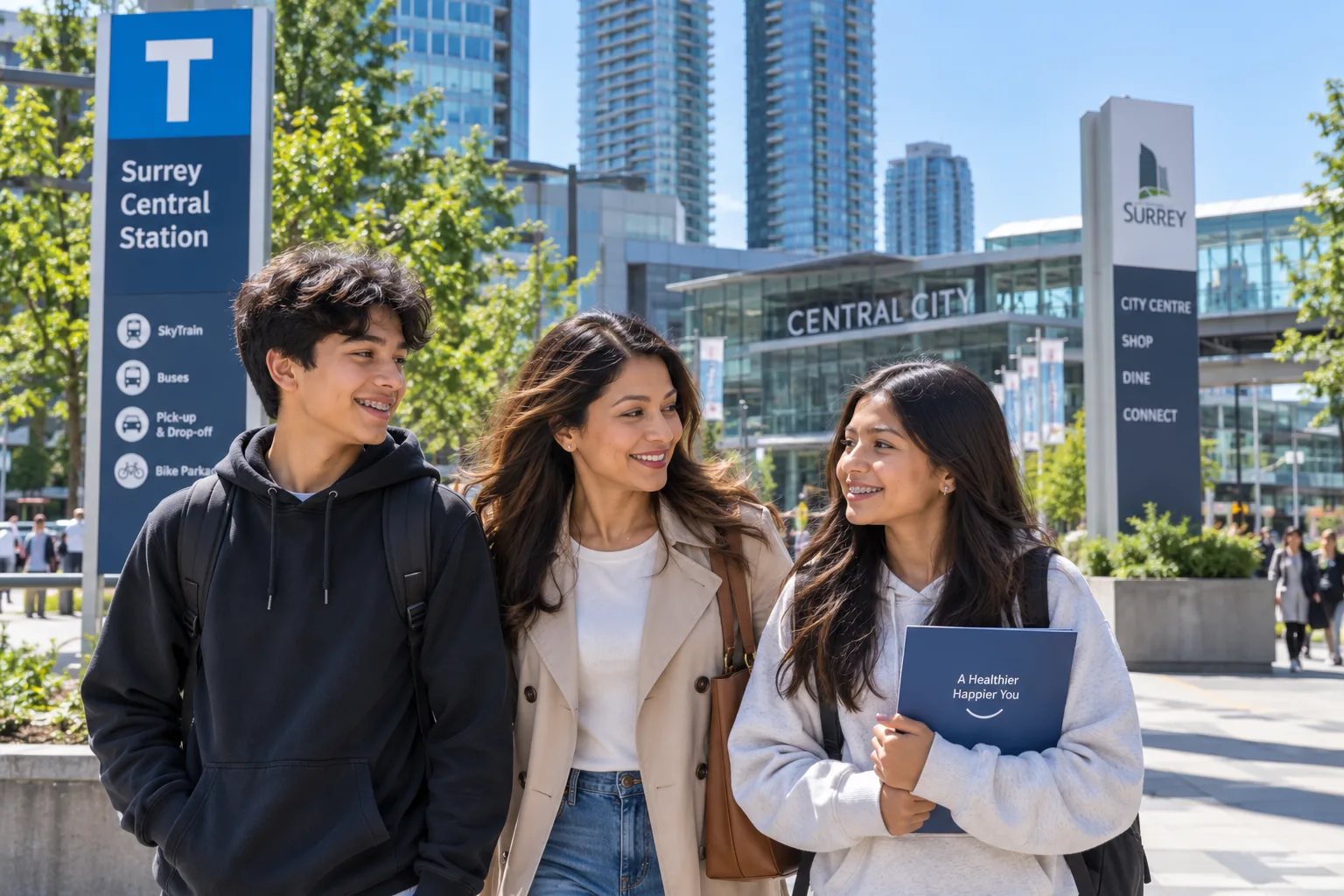 Family walking near Surrey Central Station and Central City in Surrey City Centre.