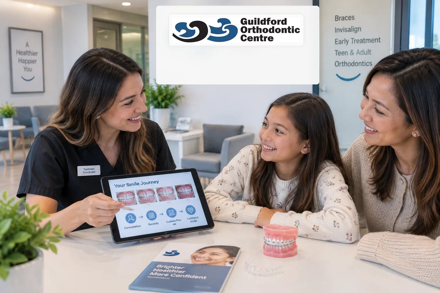 Female treatment coordinator welcoming a child and parent during an orthodontic consultation.