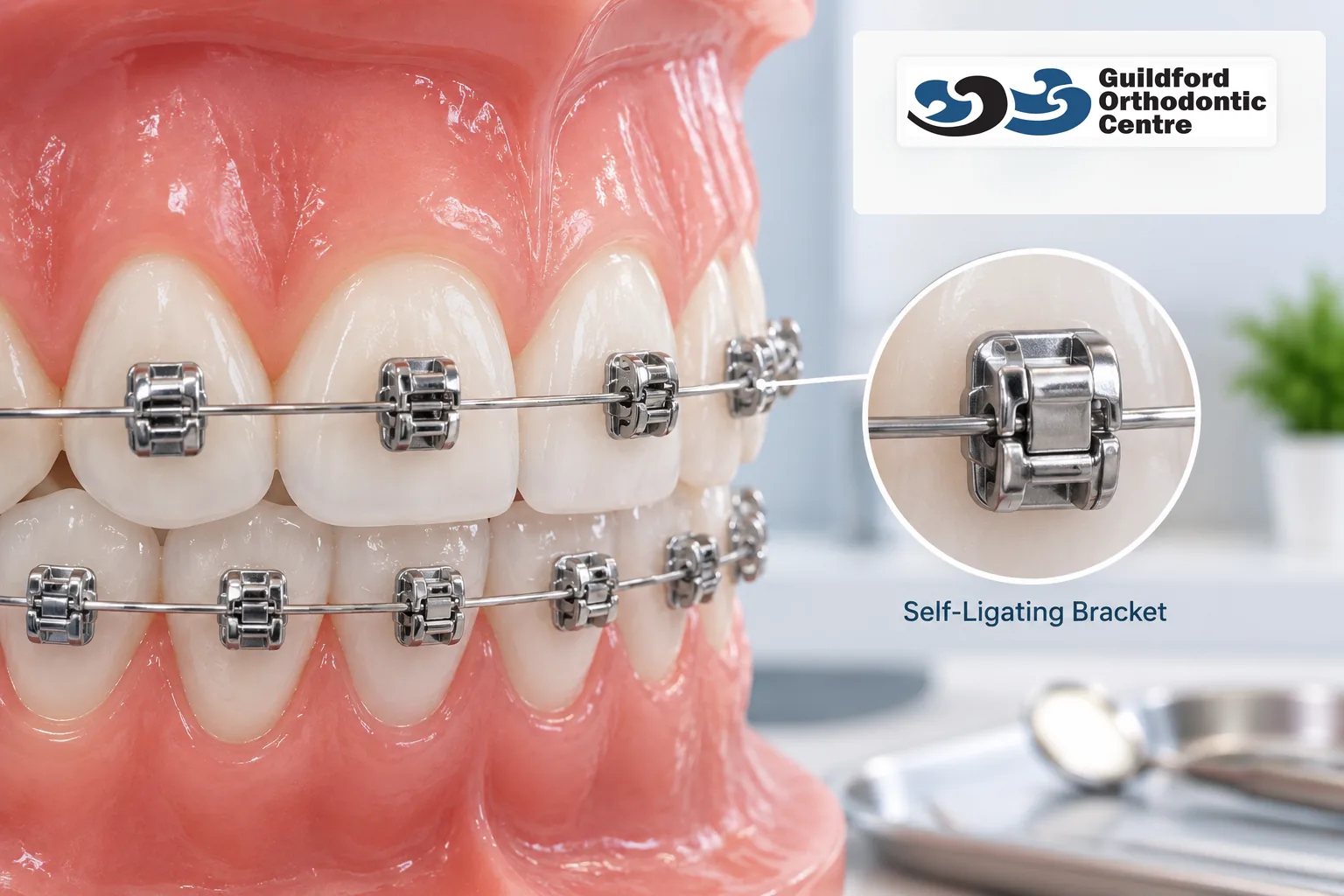 Close-up dental model demonstrating self-ligating orthodontic brackets and archwire.