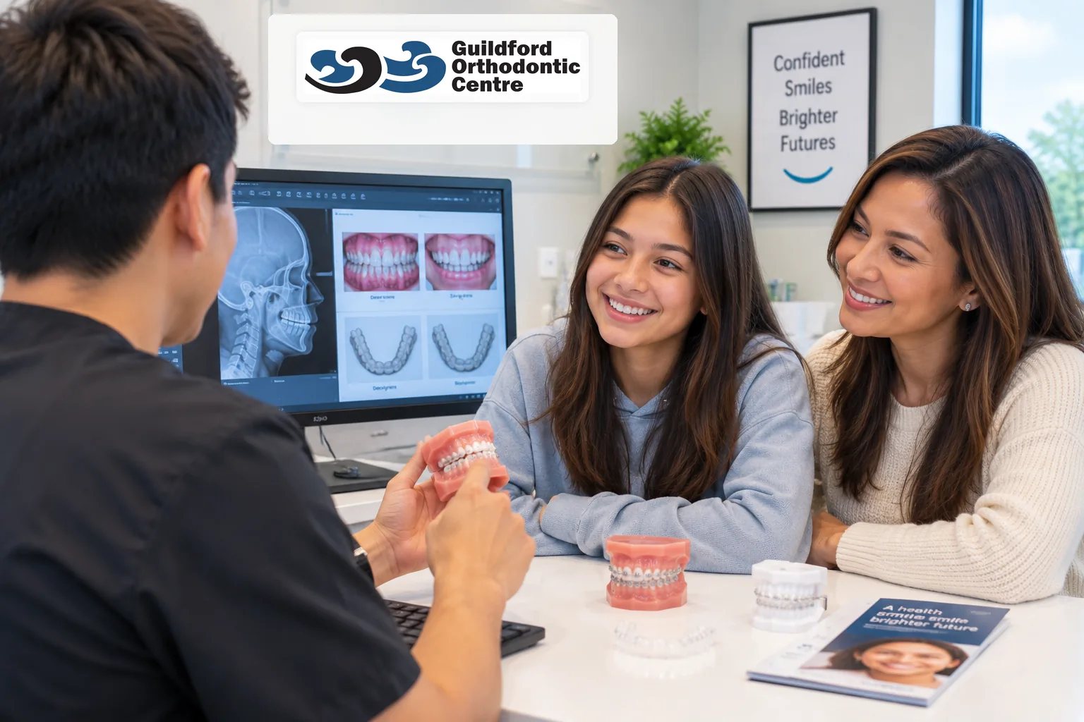 Orthodontist reviewing treatment options with a teenage patient and parent during a specialist consultation.
