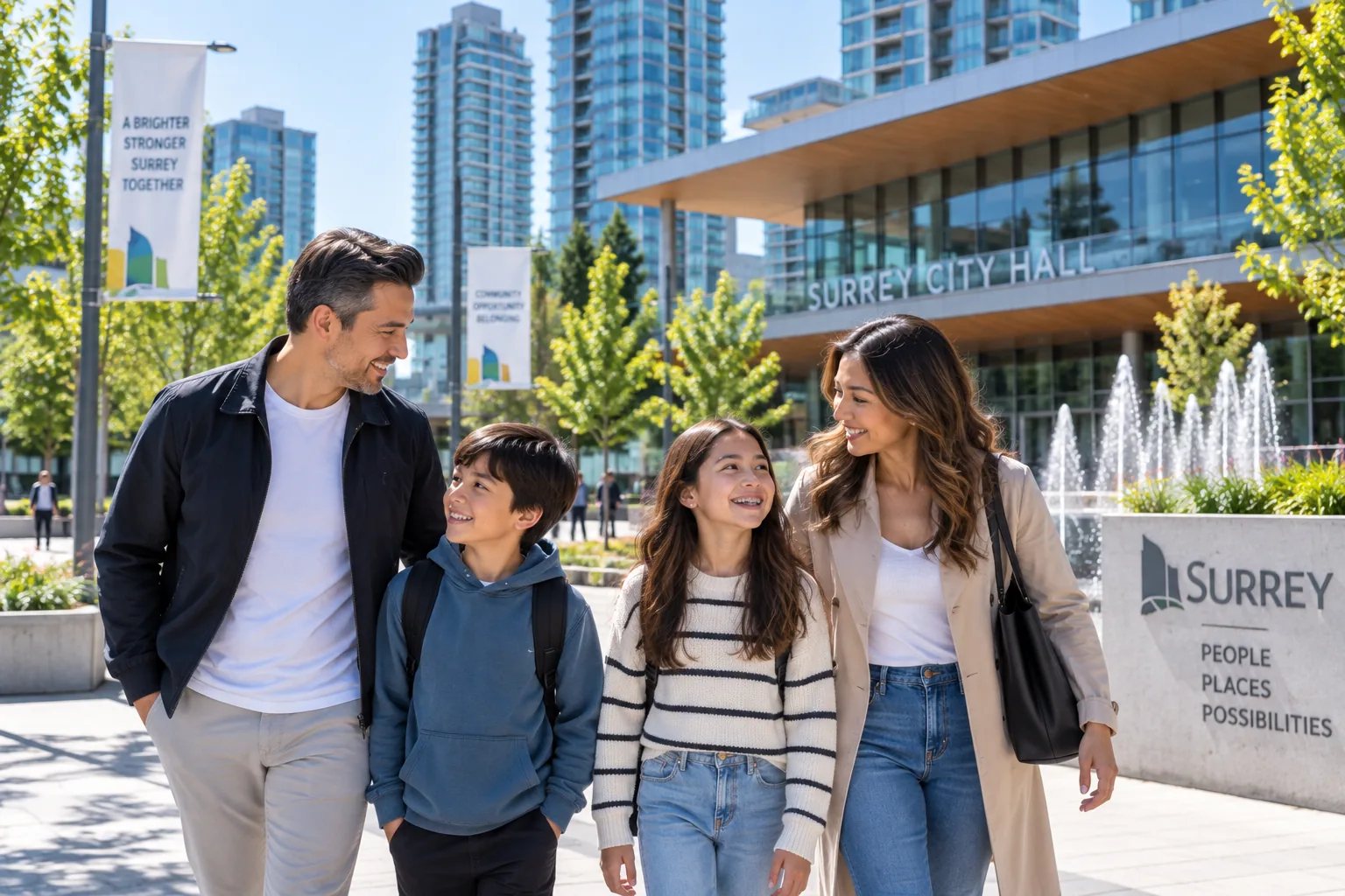 Family walking together near Surrey City Hall in Surrey City Centre.