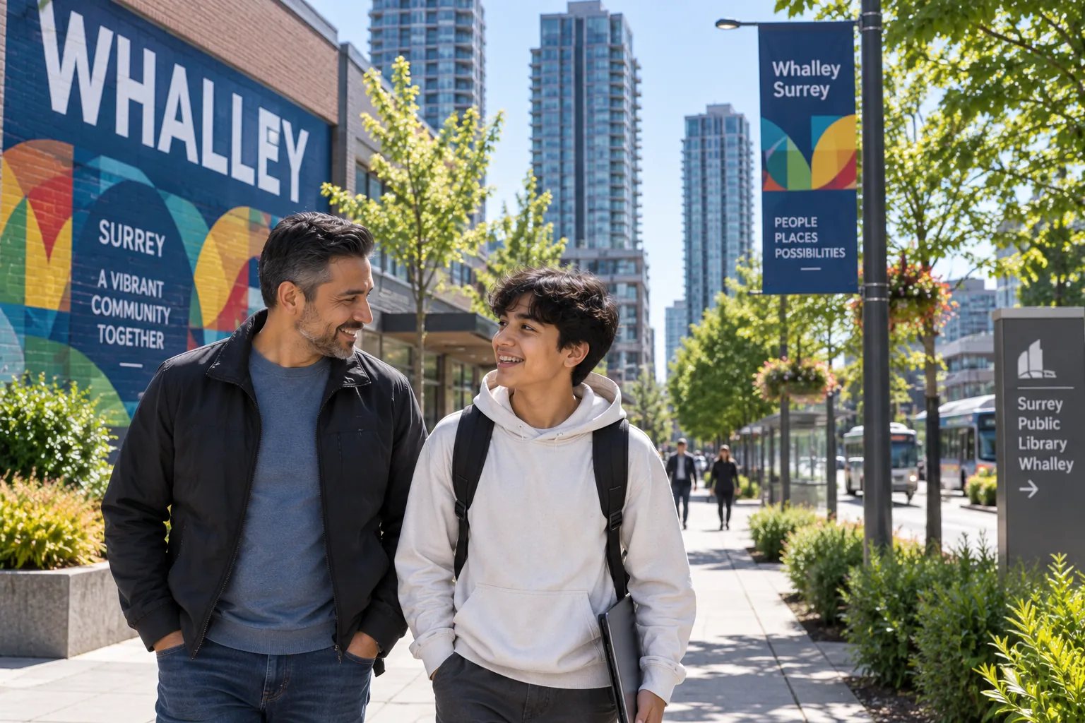 Parent and teen walking through the Whalley neighbourhood in Surrey.