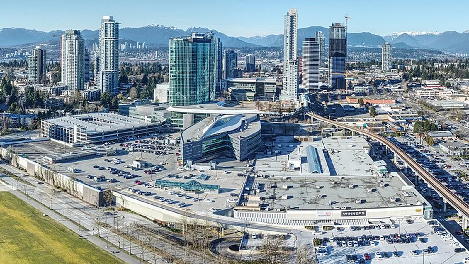 Aerial view surrounding Surrey Central station and Central City in Surrey, British Columbia